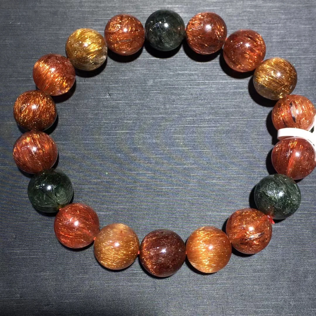 

11.7mm Natural Copper Rutilated Quartz Bracelet Cat Eye Gold Rutilated Clear Round Beads Women Man Bracelet AAAAA