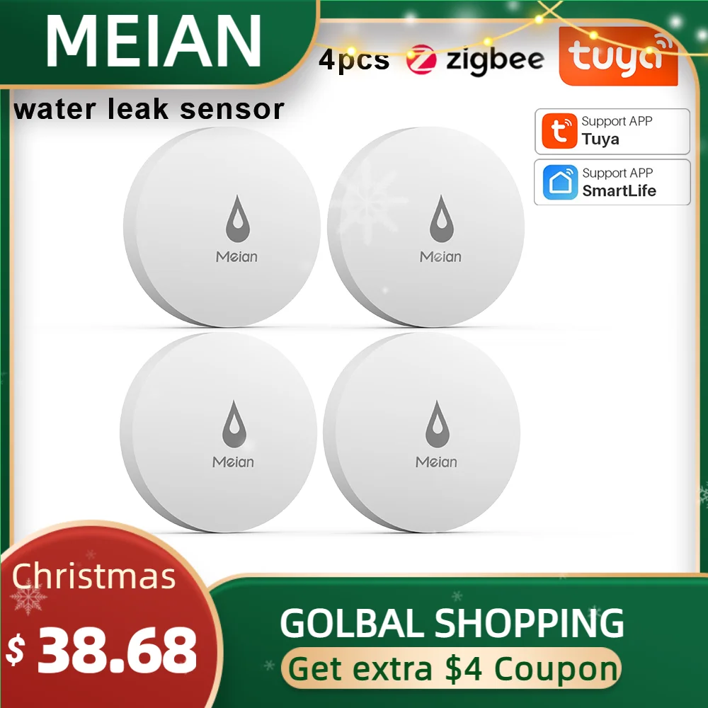 MEIAN 4PCS Tuya Water Leakage Sensor Detector ZigBee 3.0 Water Leakage Monitoring Wireless Smart Home Security Alarm No Battery