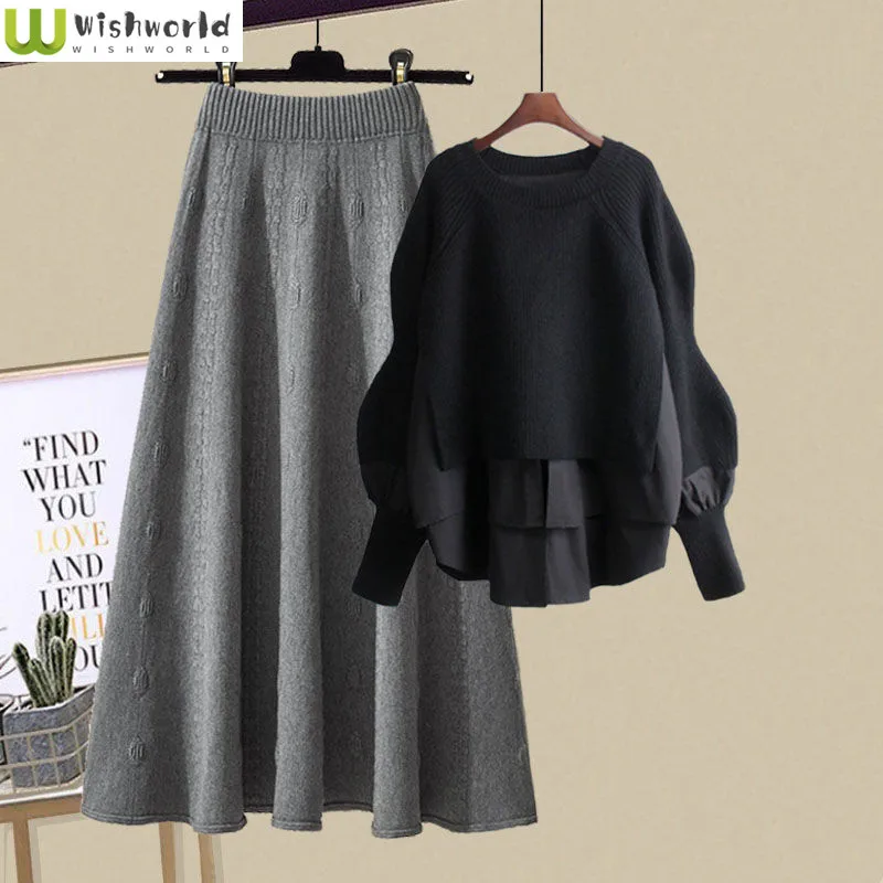 

Fashion Autumn and Winter Suit Women 2022 New Korean Version Loose and Fake Two-piece Knitted Sweater Casual Skirt Two-piece Set