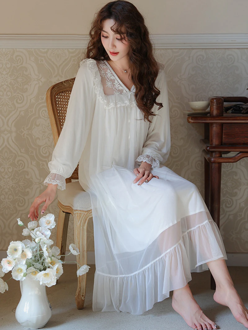 

Женская винтажная Ночная рубашка в викторианском стиле, летняя кружевная ночная рубашка с V-образным вырезом из модала и сетчатой ткани, одежда для сна в стиле "Лолита", домашняя одежда