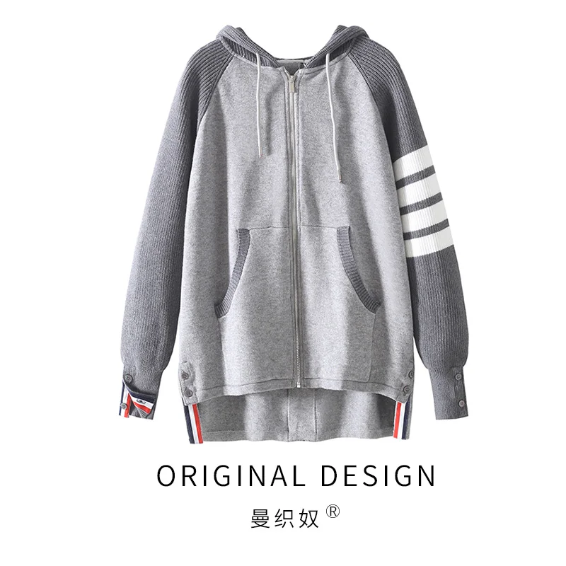 tb cardigan jacket women's autumn and winter design sense back stripe front short back long college style hooded knitted sweater