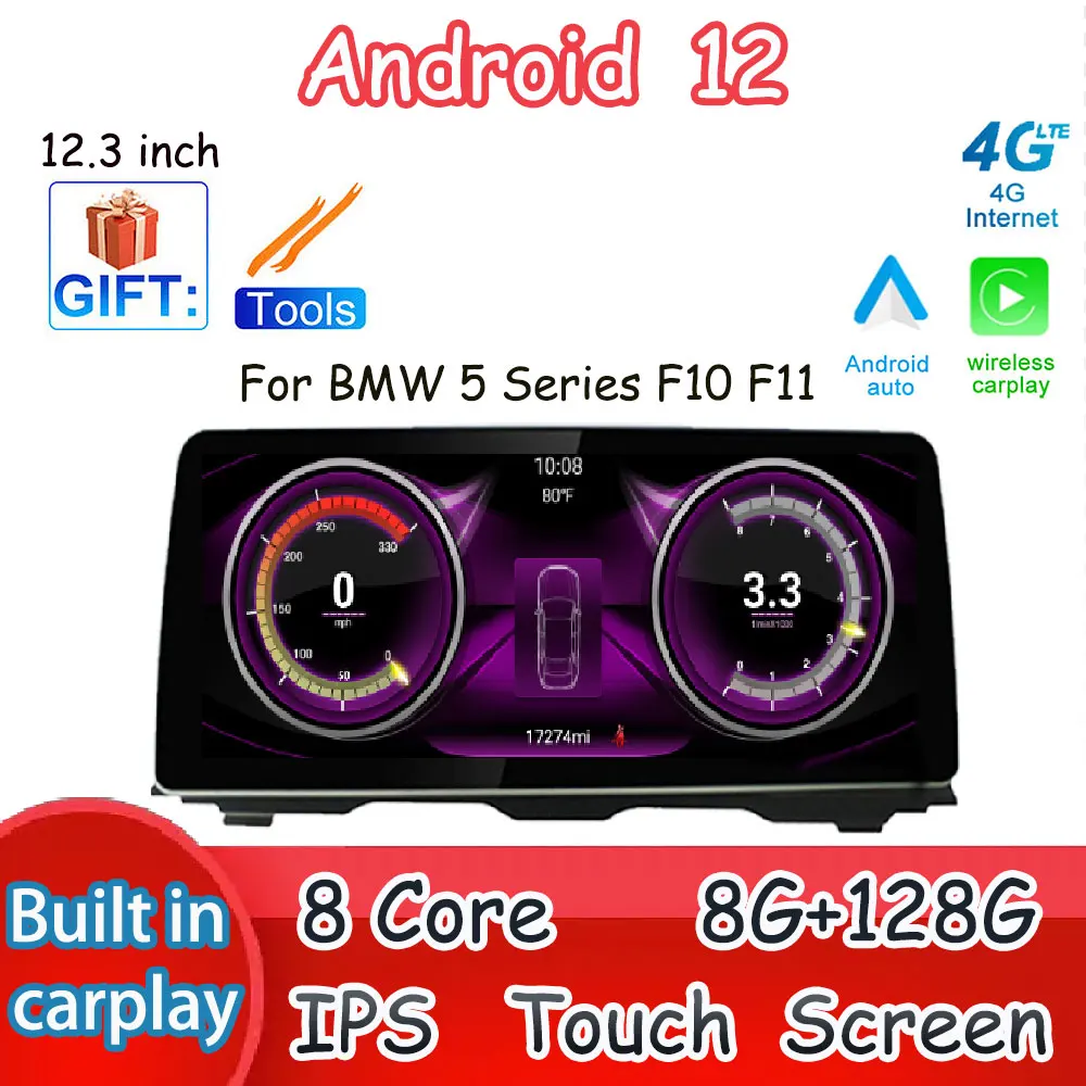 

12,3 дюймовый беспроводной Carplay мультимедийный радиоплеер для BMW 5 серии F10 F11 CIC NBT Android 12 GPS навигация Сенсорный экран
