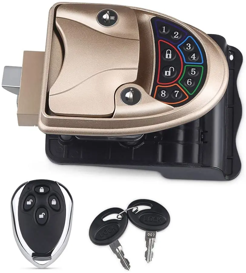 

RV Keyless Entry Door Lock Handle Latch Zinc Alloy w/Keypad w/20m Remote Control for Caravan Camper Bus Yacht Ferry-Gold
