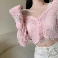 butterfly knit cardigans women y2k sweet korean sexy v neck fitness crop tops ladies summer thin long sleeved sunscreen cardigan