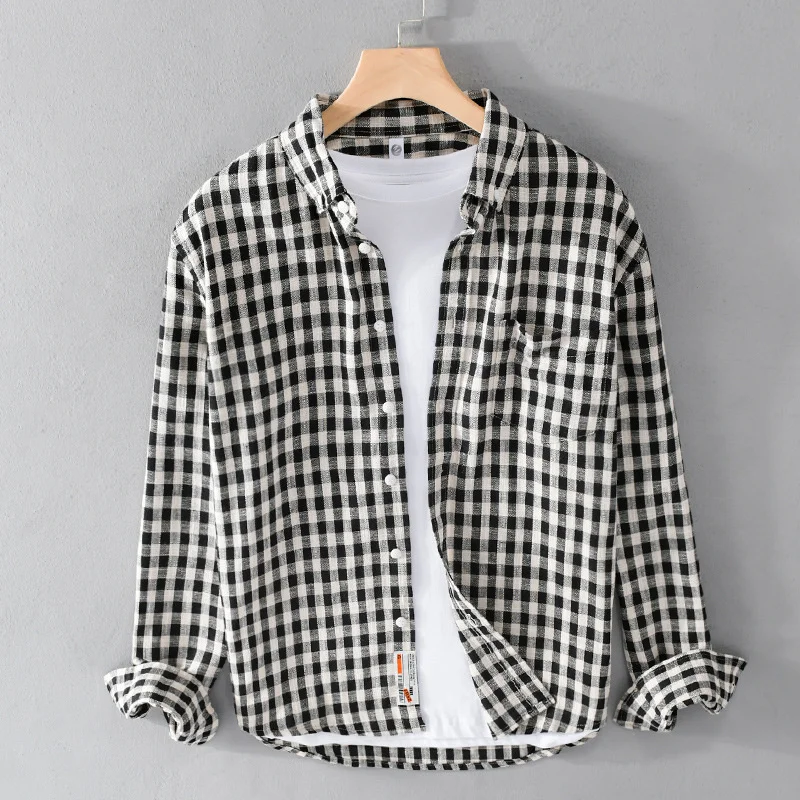 

Men's Casual Plaid Shirts Long Sleeve Slim Fit 100% Cotton Shirt Leisure Styles Man Clothes Houndstooth Sanding Tops Shirts
