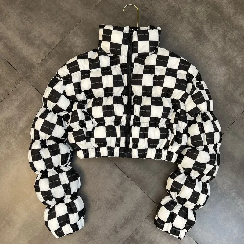 

Новинка 2023, зимнее пальто с воротником-стойкой, Женская корейская модная куртка на молнии со складками и пышными рукавами 6N891