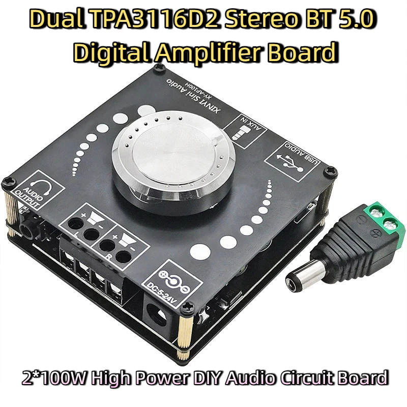 Фото Двухканальная цифровая плата усилителя мощности TPA3116D2 с Bluetooth 5.0, 100 Вт, для самостоятельной модификации аудиосистем №1