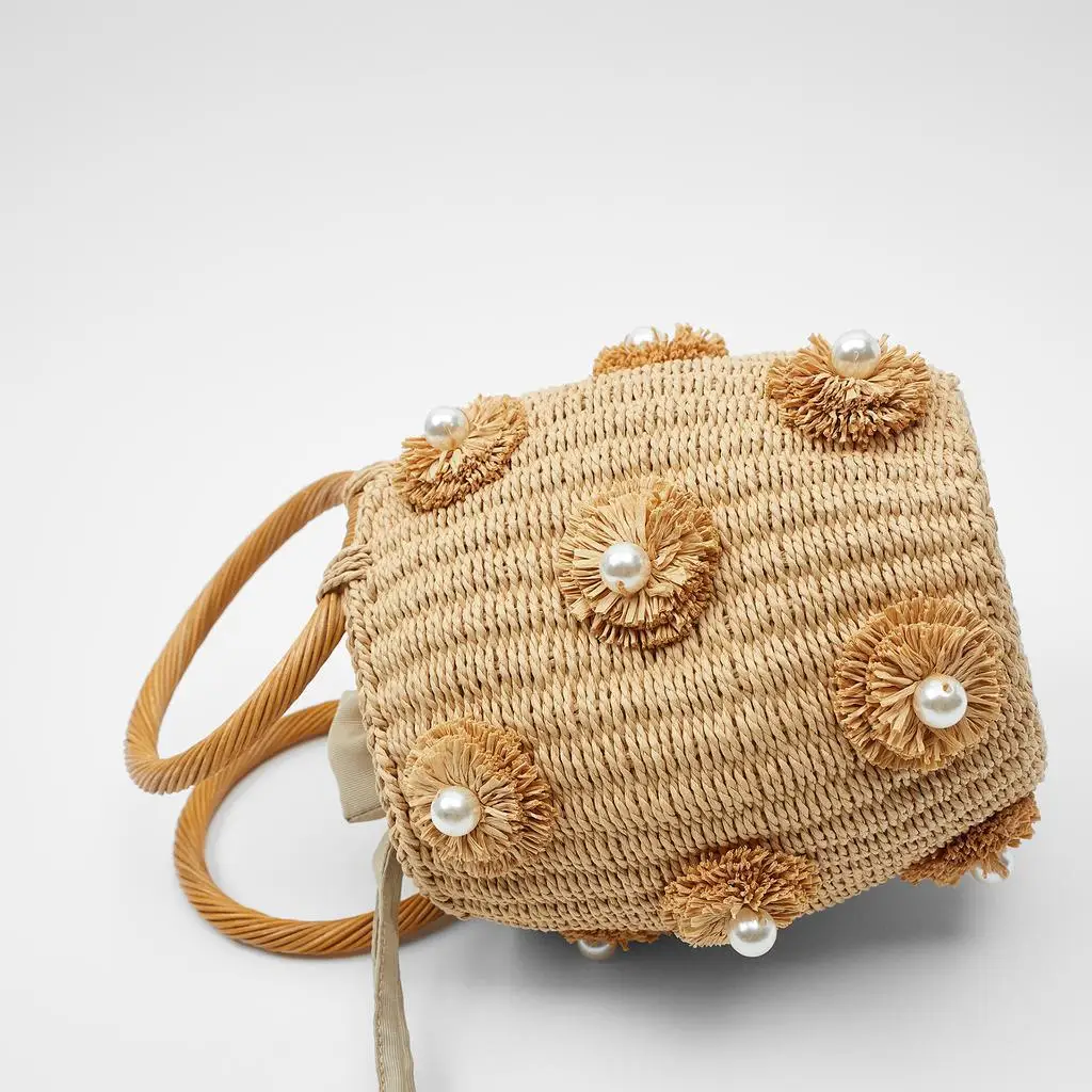 Aesthetic Rattan Bags With Artificial Pearl Decoration Women Bag Woven Straw Bag Portable Mini Basket Bag Eco bag Beach Handbag