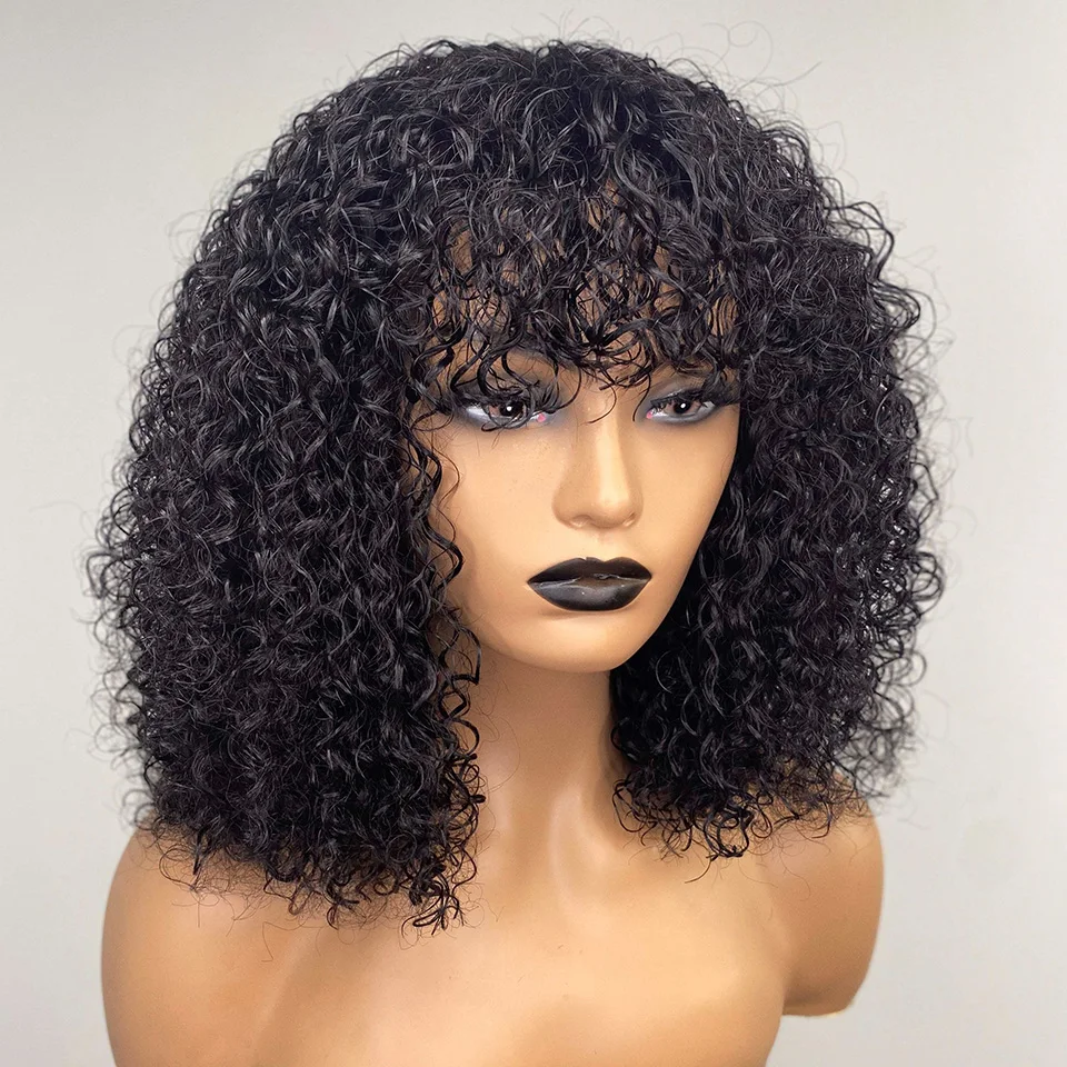 

Deep Curly Fringe Wig with Bangs Brazilian Human Hair Wigs for Women 10-16 Inches Jerry Curly BOB Wig Full Machine Made Bob Wigs