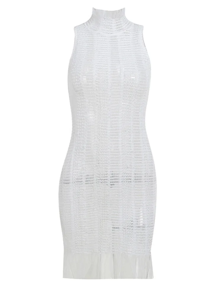 

Summer Sexy Hollow Out See Through Bodycon Beach Dress Women 2022 Fashion Elegant Turtleneck Sundress Club Black White Dresses