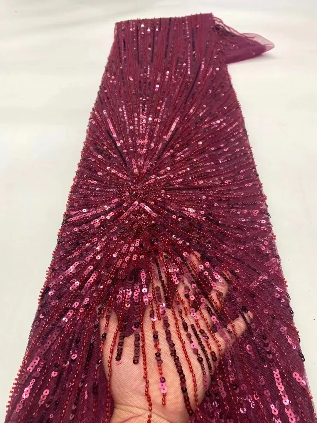 

Nigerian Wine Mesh Lace Fabric Luxury Handmade Beads Laces Fabrics Best Price French African Tulle Lace Fabric for Bridal
