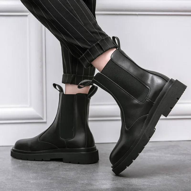 

Men Motorcycle Boots Men Flat Shoes PU Solid Color Round Flat Bottom Warm Waterproof Non-slip Men Casual Shoes Platform Boots