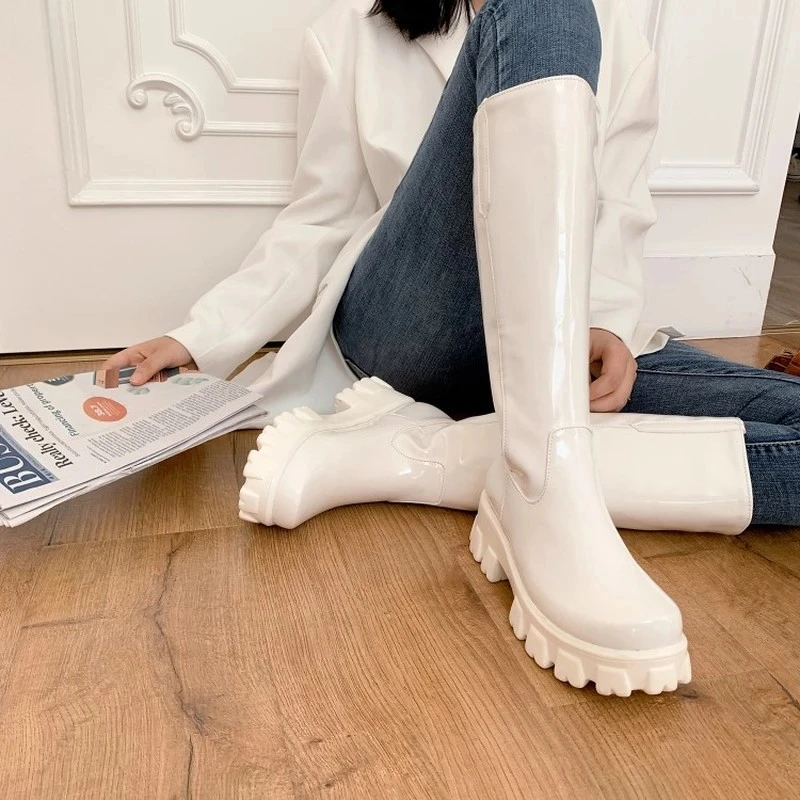 Bright Leather High Waterproof Platform Inner Heightened Round Toe Over The Knee-Length Boots Patent Leather Flat Heel Platform