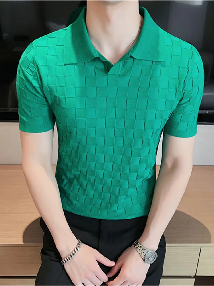 

2022 Summer Men's Short Sleeve Polo Shirt Plaid Knit Lapel Breathable Stretch Business Casual Slim Fit Everyday Brand Polo Shirt