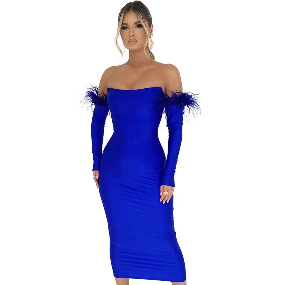 

2022 Autumn New Women'S Sexy Off The Shoulder Long Sleeve Feather Bandage Dress L Club Party Runway Midi Dress
