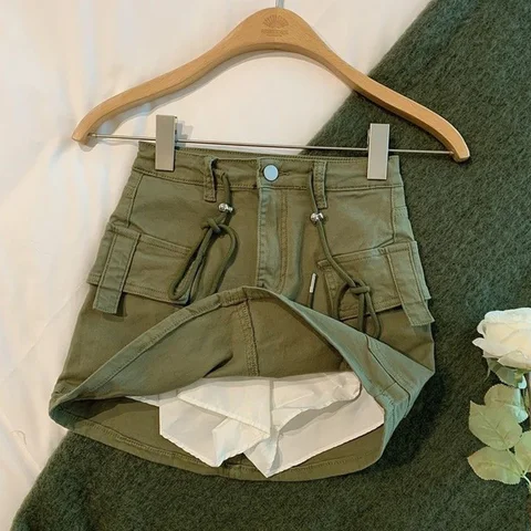 Rimocy Drawstring High Waist Mini Skirt Women Streetwear Big Pocket Cargo Skirt Woman Fashion 2023 short A Line y2k Skirts Mujer