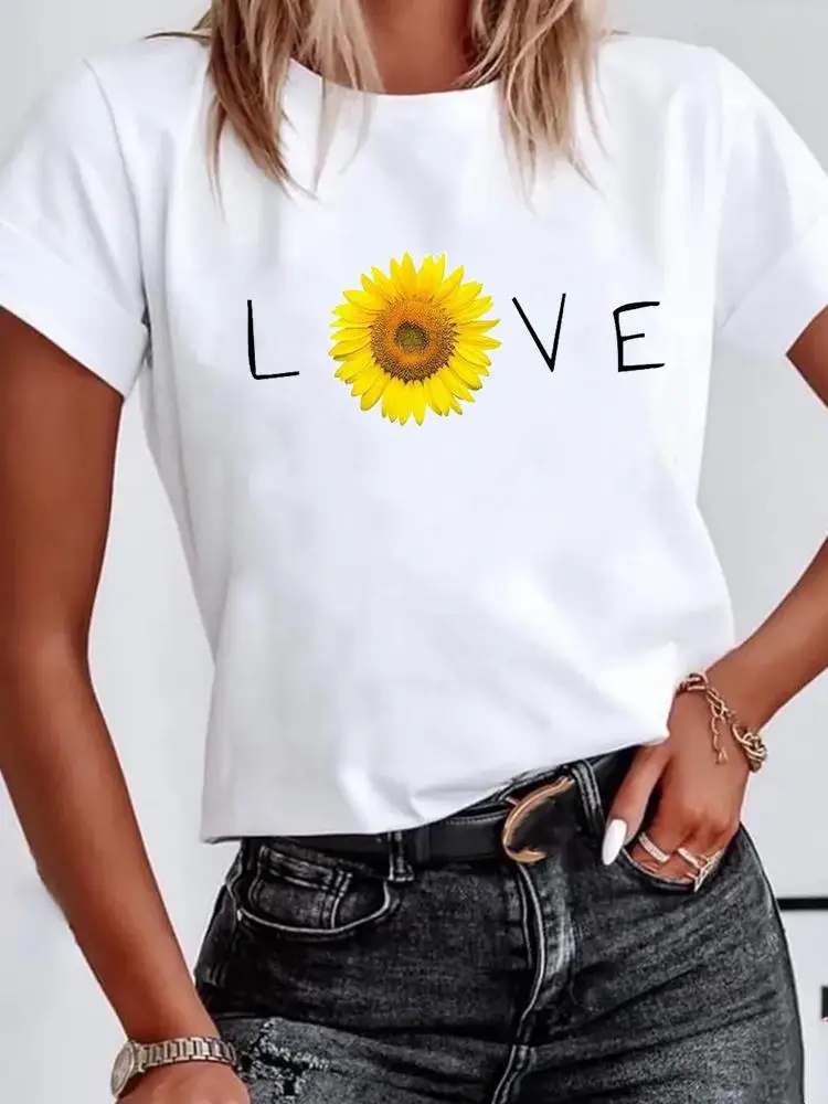 

Graphic T-shirt Print T Shirt Fashion Women Summer Clothes Love Letter Flower Cute Kawaii Basic Clothing Short Sleeve Tee Top