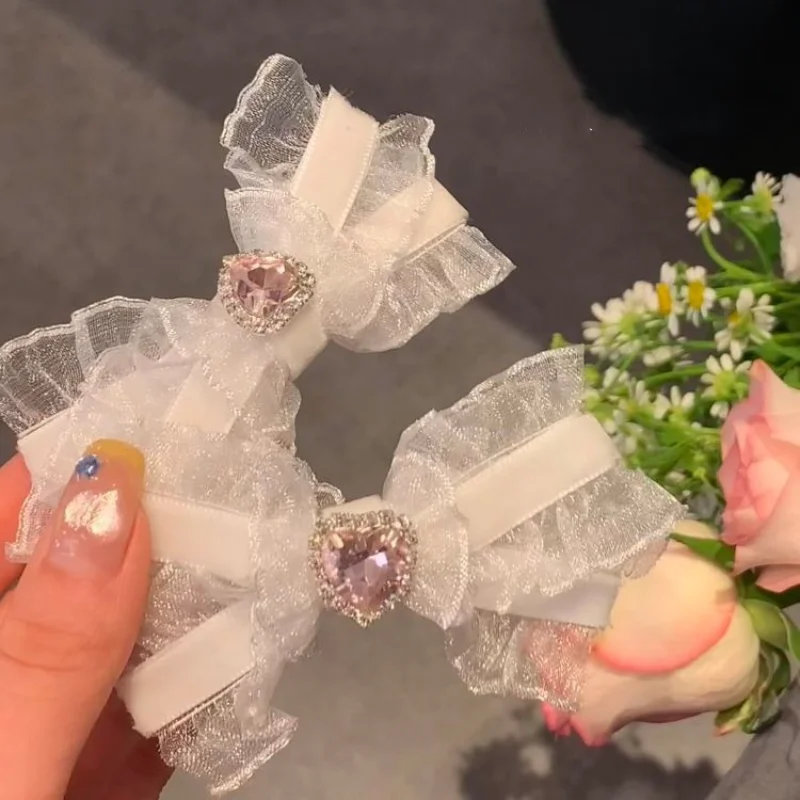 

Japanese Korean Ribbon Hair Bows Clips Vintage Pink Zircon Bowknot Hairpin Cute Headdress Girls Loli Cosplay Hair Accessories