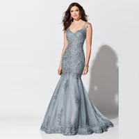 gray mermaid mother of the bride dresses zipper scoop neck sleeveless appliques lace backless wedding guest mother evening gowns