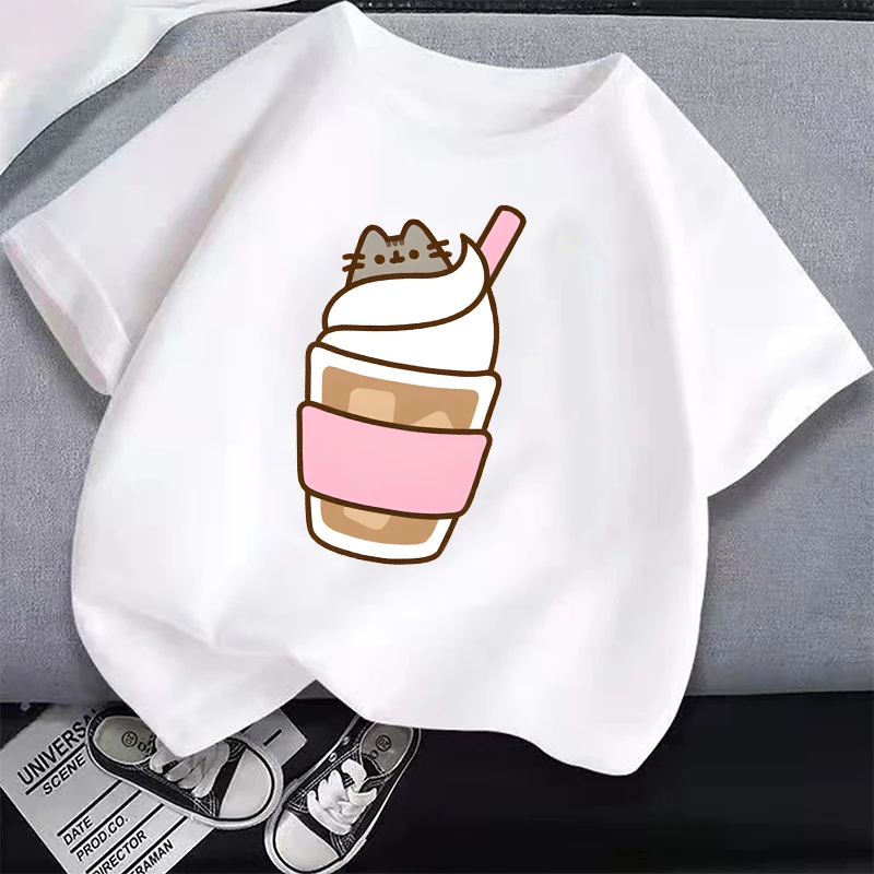 Белая детская футболка Pusheens с изображением милого кота повседневная одежда в