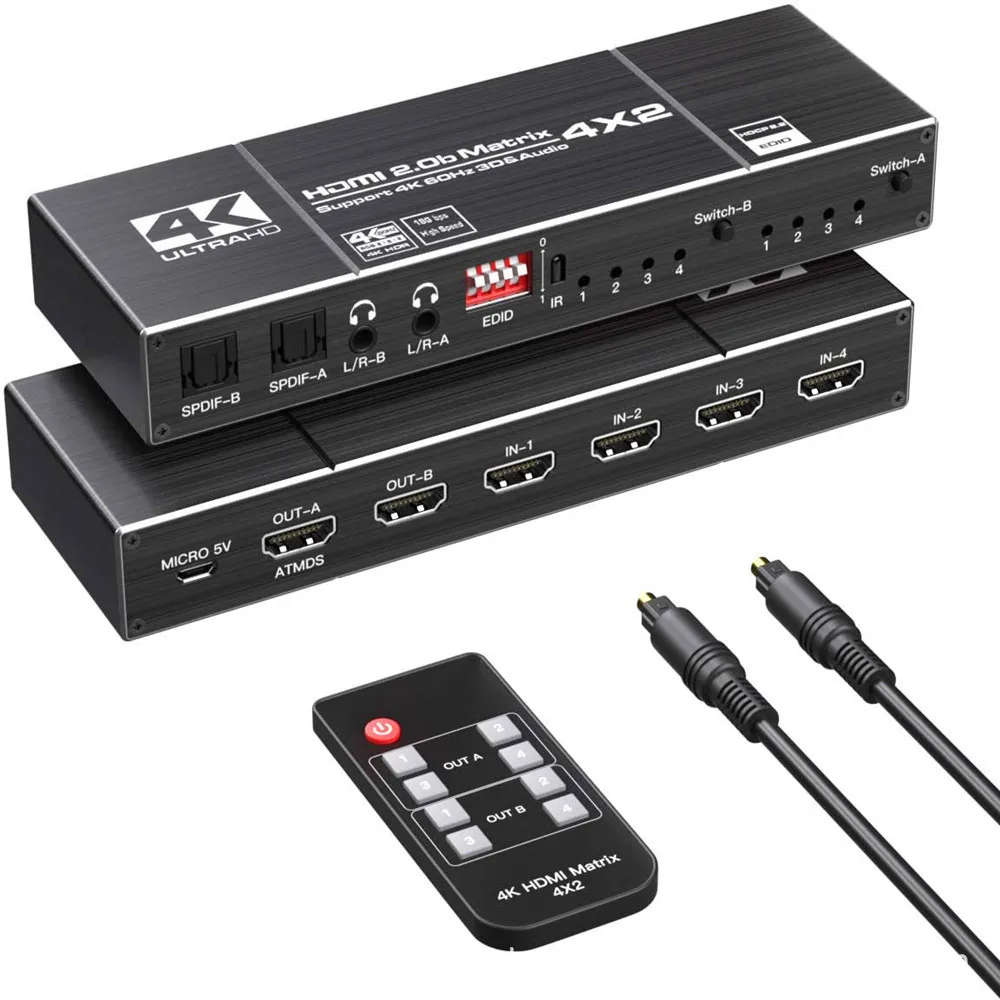Матричный Коммутатор HDMI 4K @ 60 Гц сплиттер ИК-пульт дистанционного управления 4x2 с