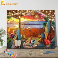 chenistory painting by numbers seaside camping scenery handpainted diy oil painting drawing on canvas unique gift home decor