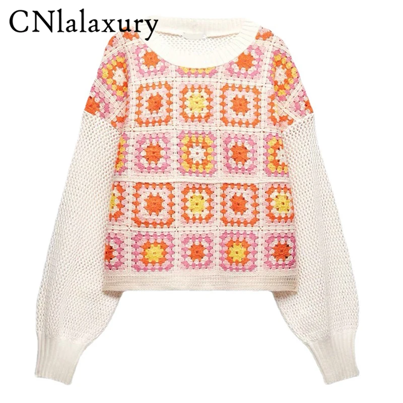 

CNlalaxury 2022 Spring Women Patchwork Knitted Blouse Loose Long Sleeve O-neck Pullovers Hollow Out Shirt Casual Printed Outwear