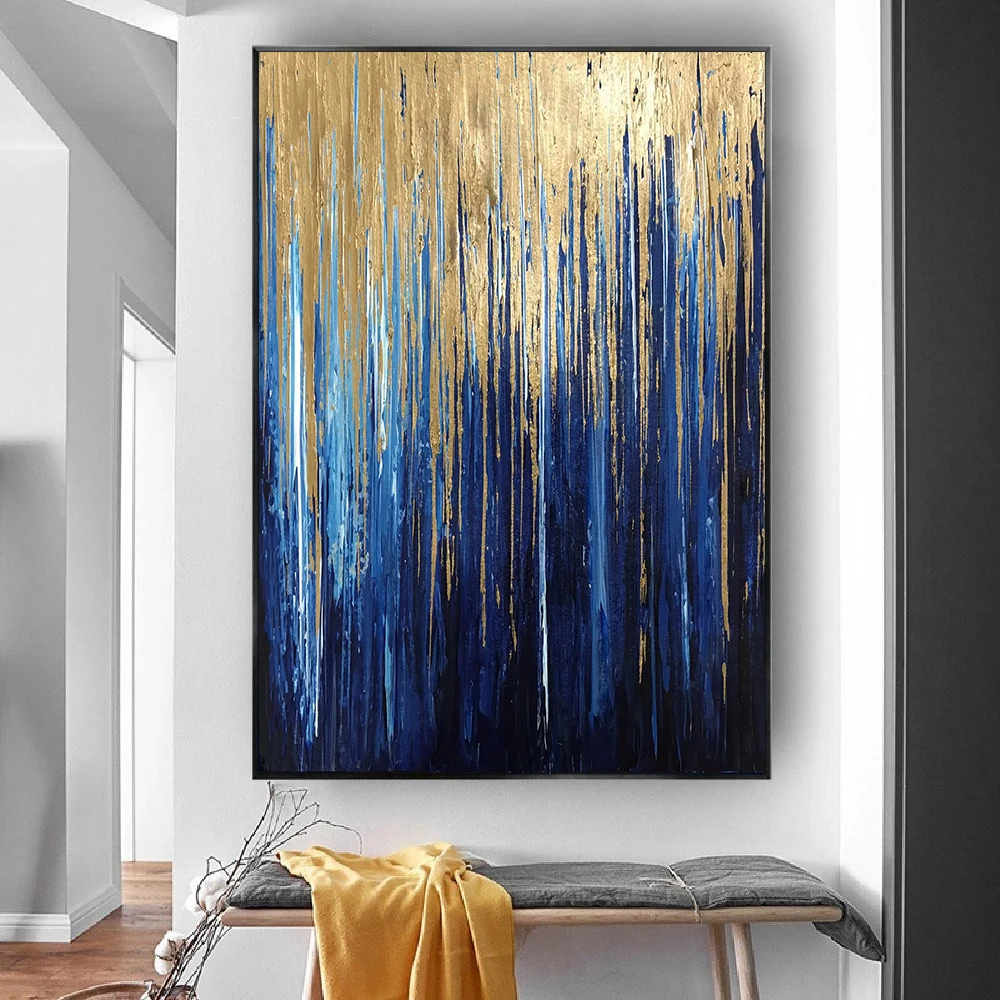 

Abstract Gold Blue Art Painting on Canvas Vintage Posters and Prints Wall Artwork Picture for Living Room Gallery Home Decor
