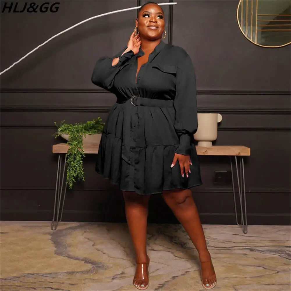HLJ&GG Plus Size Elegant Shirt Dresses Women Solid Color Button Lace Up Mini Dress Fall Long Sleeve V Neck Belt Vestidos Clothes