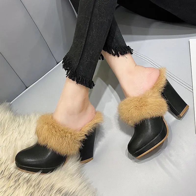 

Туфли женские с натуральным кроличьим мехом, полутапочки из натурального меха кролика, на высоком бархатном каблуке, модная обувь для малли...