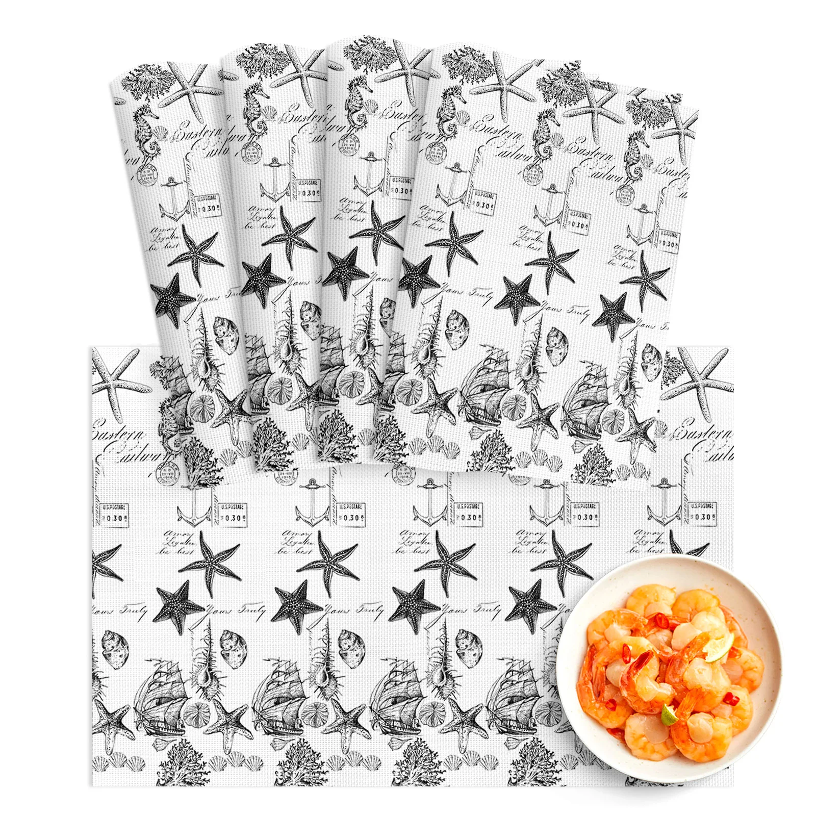 

4/6Pcs PVC Placemats Black Ocean Starfish Conch Seahorse Anchor Dining Disc Pads Bowl Coasters Plate Bar Kitchen Table Mats