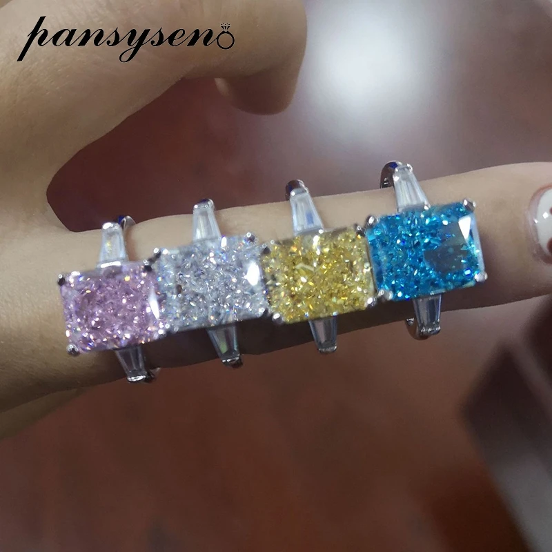 

PANSYSEN 925 Sterling Silver 8x10MM Aquamarine Citrine High Carbon Diamond Gemstone Adjustable Ring Cocktail Party Fine Jewelry