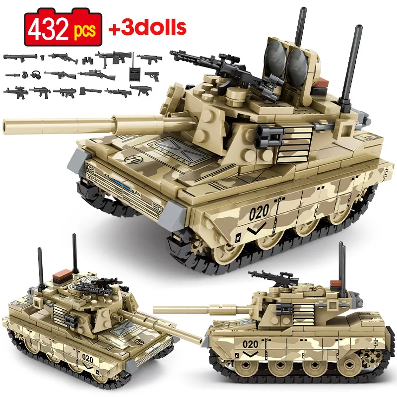 

432pcs WW2 City Military MIA2 Tank Building Blocks Tracked Weapon Soldier Figures Bricks Toys For Boys Gifts