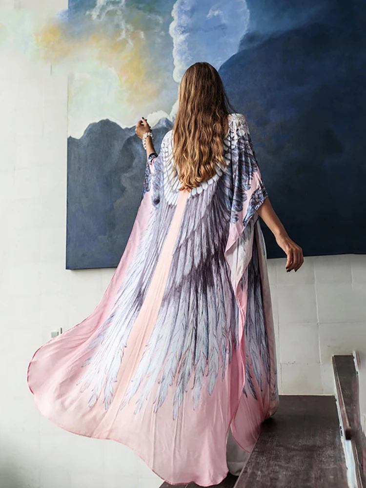 

Fitshinling 3D Print Wing Oversized Summer Long Dress Women Bikini Beach Cover Up Bohemian Pink Batwing Sleeve Straight Kaftan