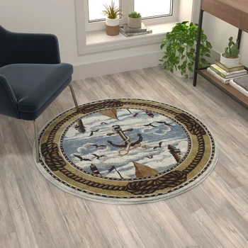 4' X 4' Round Beige Nautical Themed Area Rug with Jute Backing Rugs for Bedroom Carpets for Bed Room Home Decor