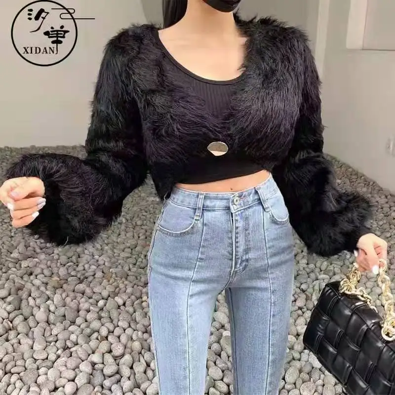 Милый однотонный короткий кардиган с V-образным вырезом корейский шикарный