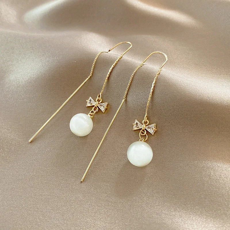 

Luxury Zircon Pearl Bowknot Tassel Earrings For Women Korean Style Love Heart Flower Long Chain Earring Female Delicate Jewelry