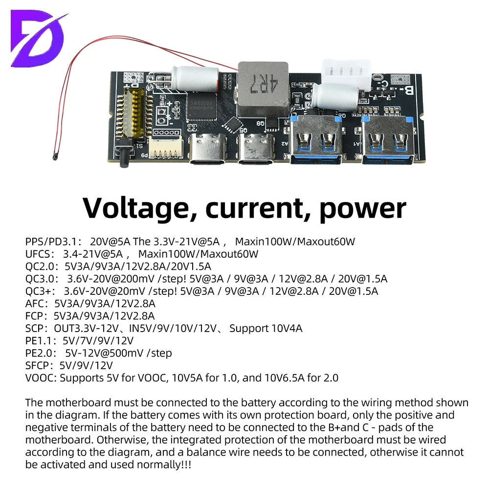 Фото Модуль Power Bank 100W PD с TFT-экраном, двусторонней быстрой зарядкой 3-5S, совместимый с солнечными панелями, плата защиты аккумулятора. №5