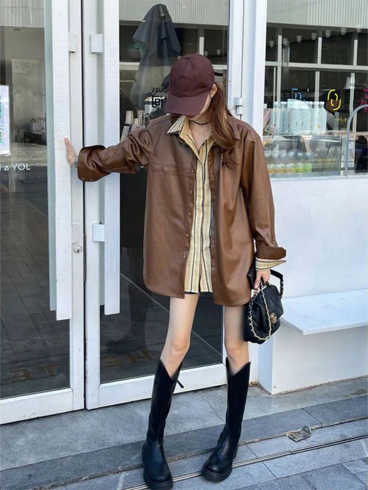 Black PU Suit Leather Coat Women's Spring and Autumn New Straight Tube Casual Relaxed High Grade Cardigan Jacket Top Fashion