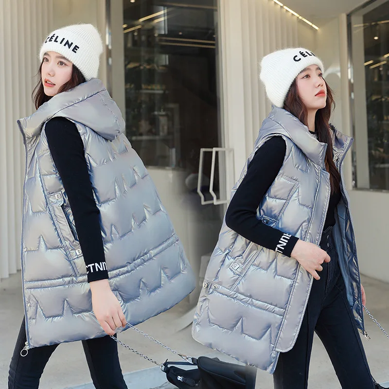 

Medium Long Down Cotton Vest Women's Winter New Loose Hooded Thick Solid Color Fashion Vest Back Heart Tide Jackets for Women