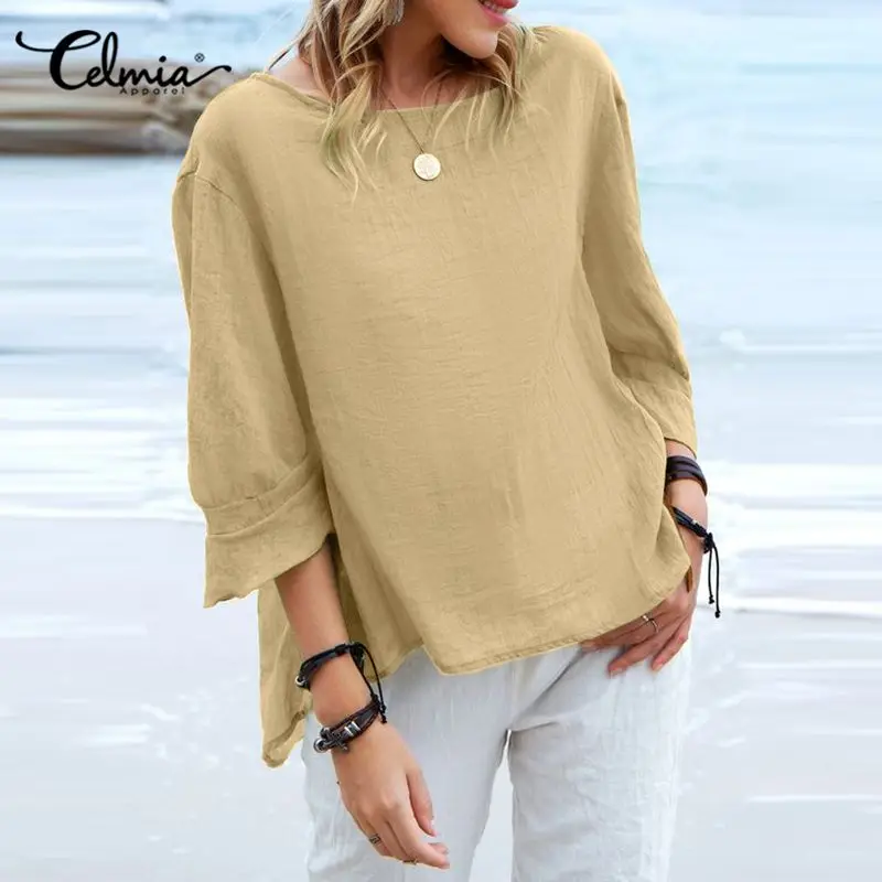 

2022 Summer Women Asymmetrical Blouses Celmia Casual Hem Cotton Tunic Leisure 3/4 Sleeve Top Ladies O Neck Splicing cuffs Blusas