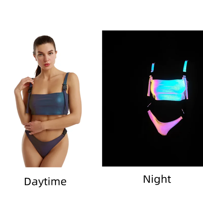 

Красочное светоотражающее бикини, школьная сумка с пряжкой, регулируемое женское бикини, сексуальный раздельный купальник, Пляжная фотосессия, сексуальная открытая спина, 2 шт.