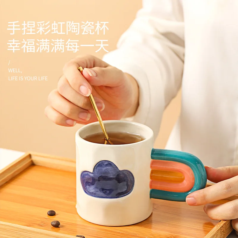 300ml creative ins wind hand-painted mug milk coffee ceramic cup, breakfast cute cloud rainbow female cup