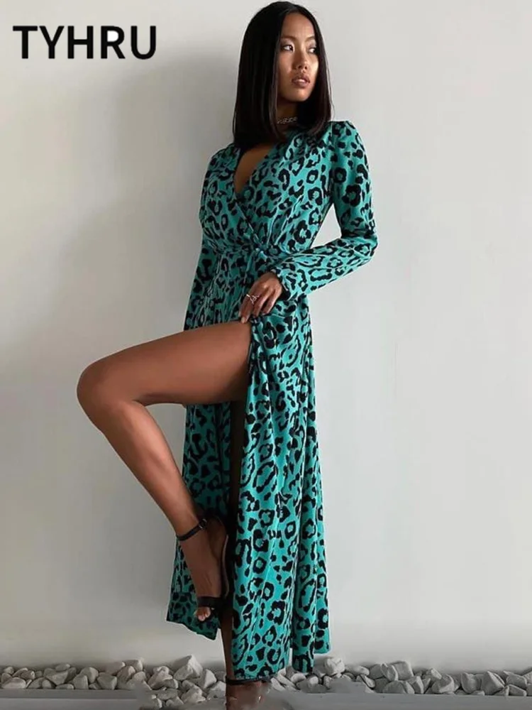 

TYHRUWomen’s Leopard Printed Maxi Dresses Sexy V-neck Long Sleeve Split Long SundressSummer Holiday Party ClothesBeach Vestidos