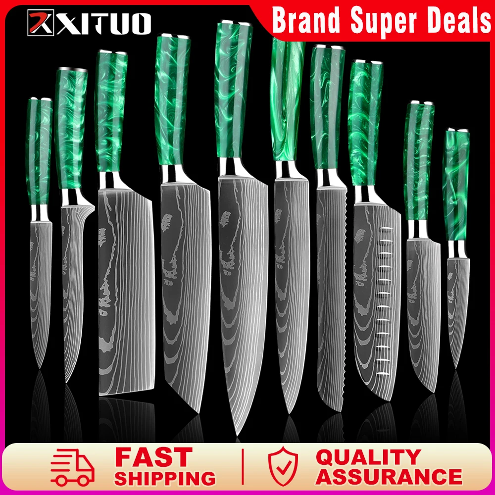 XITUO High Quality Kitchen Knives 1-10pcs Great Value Gift Knife Set Stainless Steel Laser Damascus Pattern Green Resin Handle