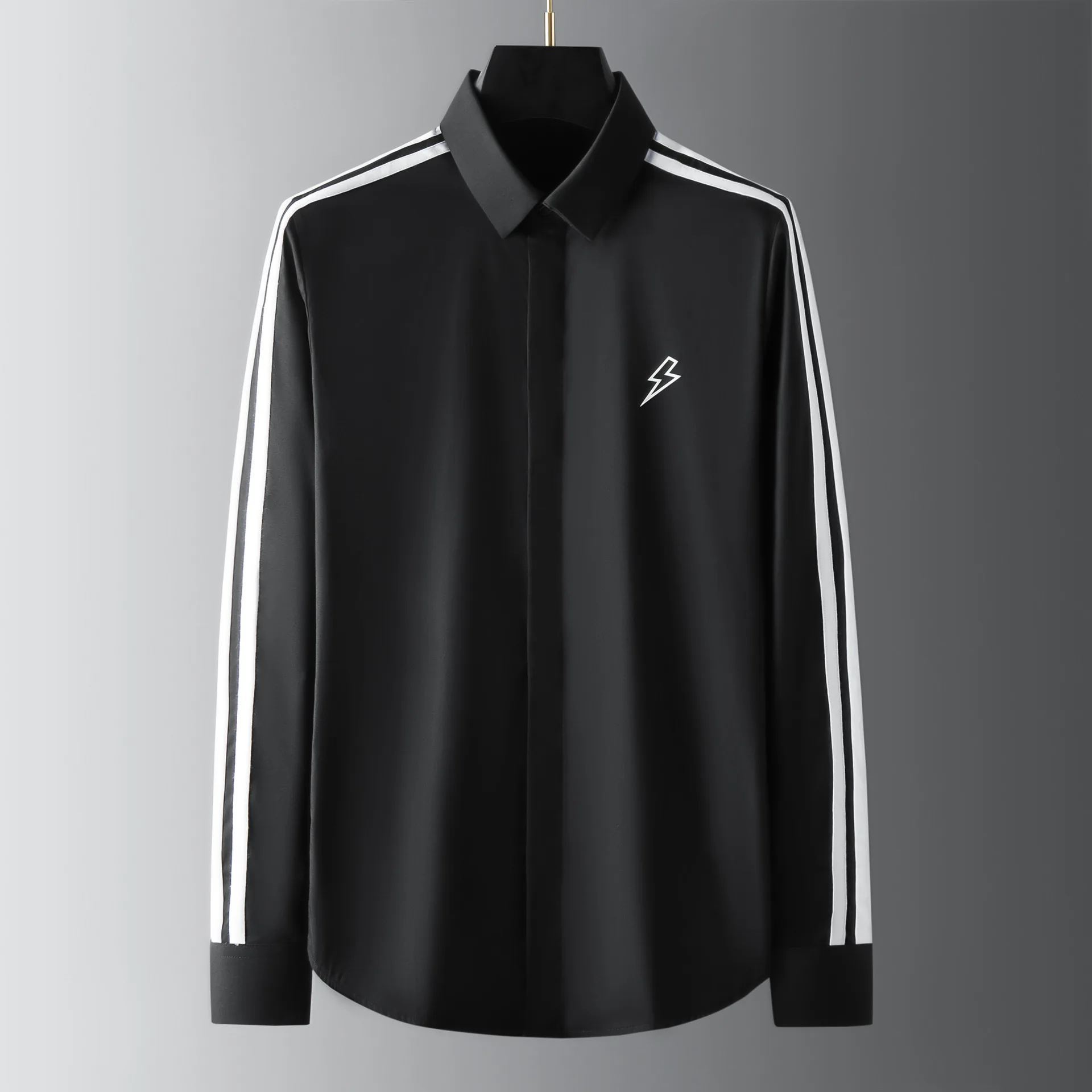 

New geometric black and white stitching lightning printing decorative trendy men's long-sleeved shirt slim casual business shirt