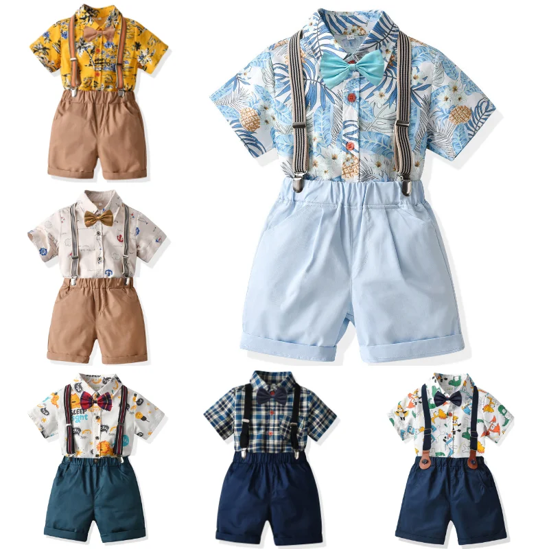 

Cotton Baby Boy Print Bow Tie Shirt Suit Infant Short Sleeve Overalls Suit Kids Clothes Set 0-6Y
