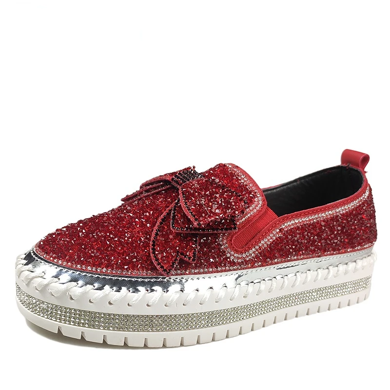 

2022 Bling Butterfly-knot Flats Women Leather Loafers Wine Red Shoes Crystal Sequined Bow-knot 3cm Platform Casual Moccasins