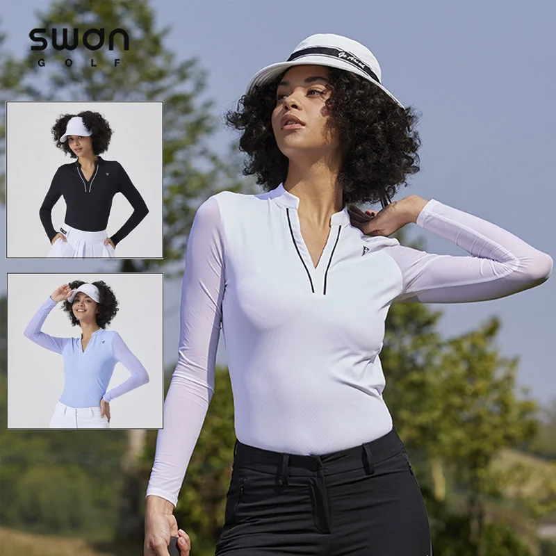 T-shirts Ladies Anti-uv Long Sleeve Golf Tops Stand Collar Shirts V-neck Sports Jersey