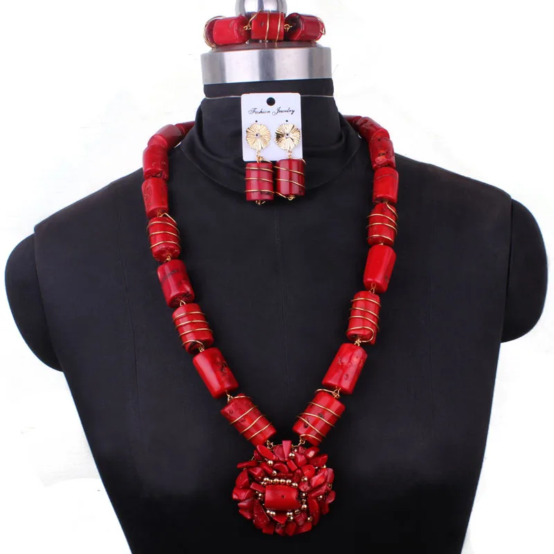 

4ujewelry Big African Jewellery Set 15-17mm 33 Inches Original Red Coral Beads Nigerian Necklace Set 2022